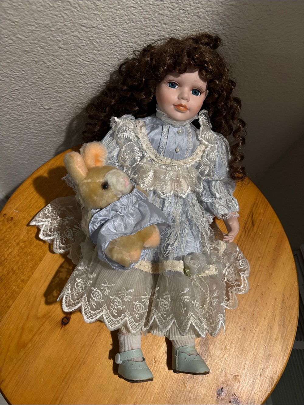 Porcelain Doll in Light Blue Lace Dress with Bunny Accessory